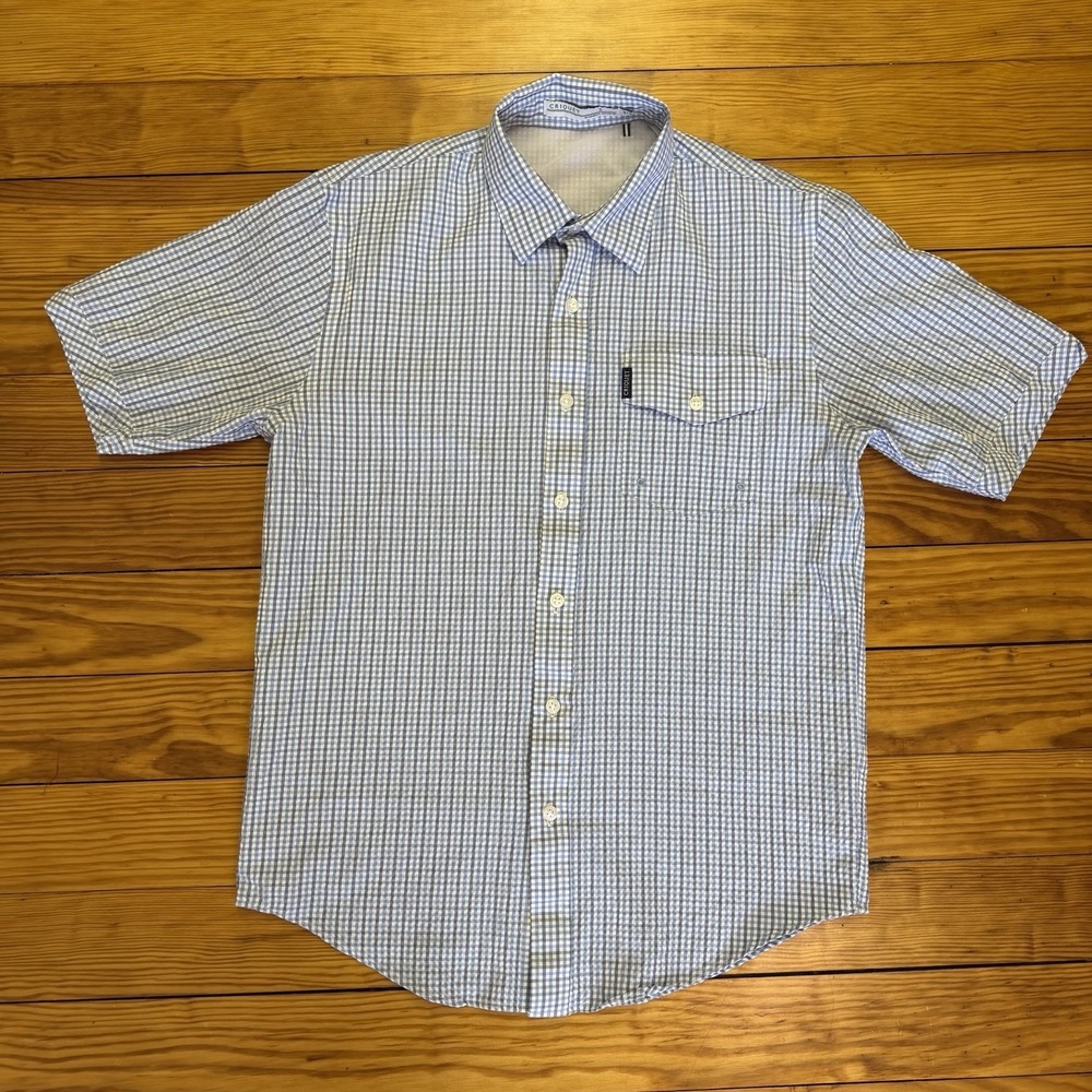Criquet Mens Small Seersucker‎ Shirt Blue White Check Short Sleeve Vented - Picture 2 of 11
